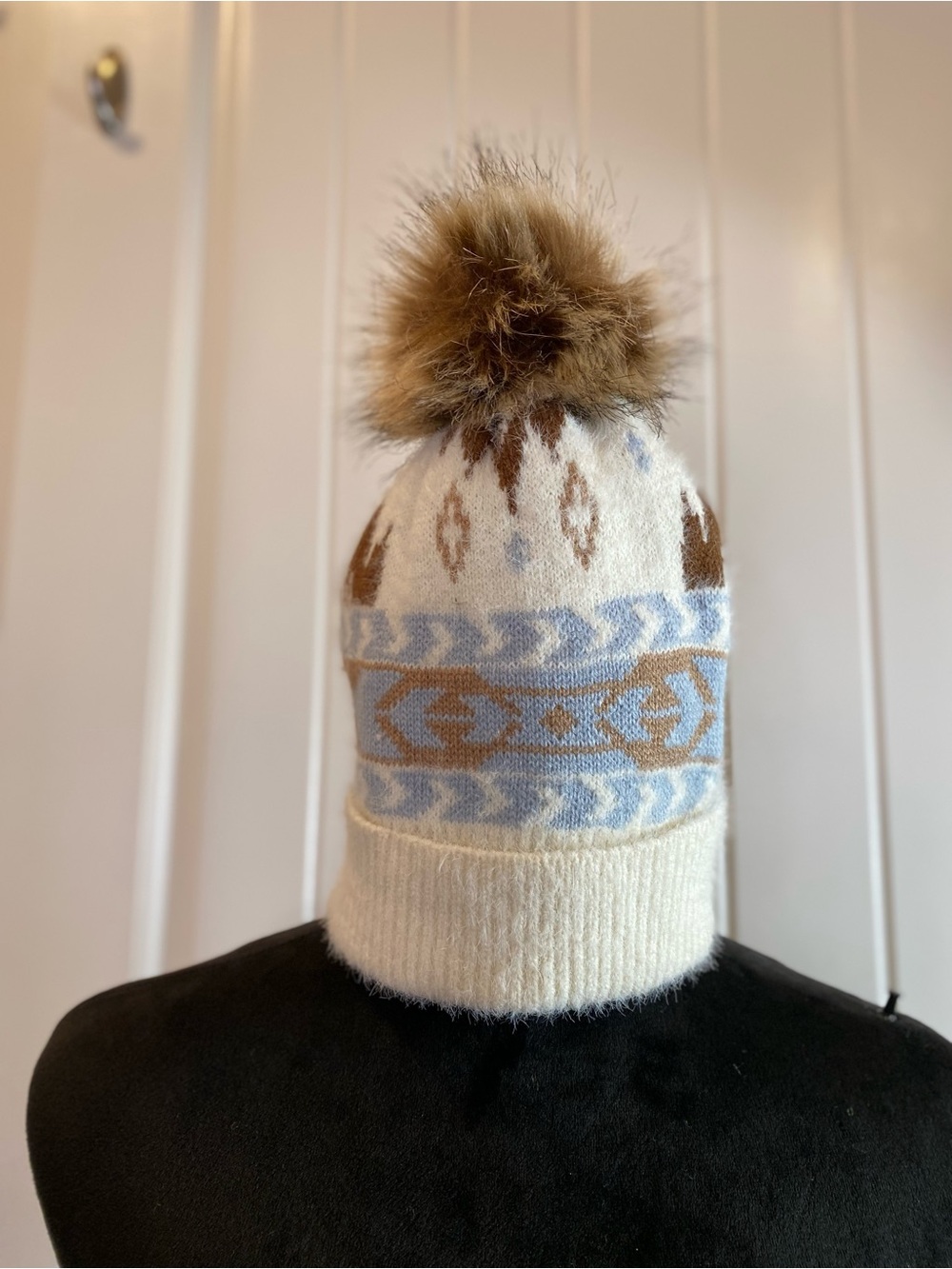 Cream and Light Blue Pom Pom Knit Beanie
